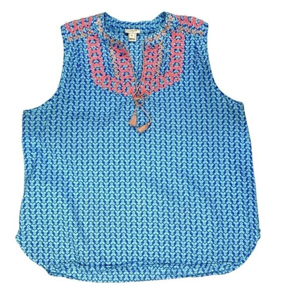 J. Crew Embroidered Sleeveless Tank Top Women 12 Blue Tassel Coastal Boho Summer